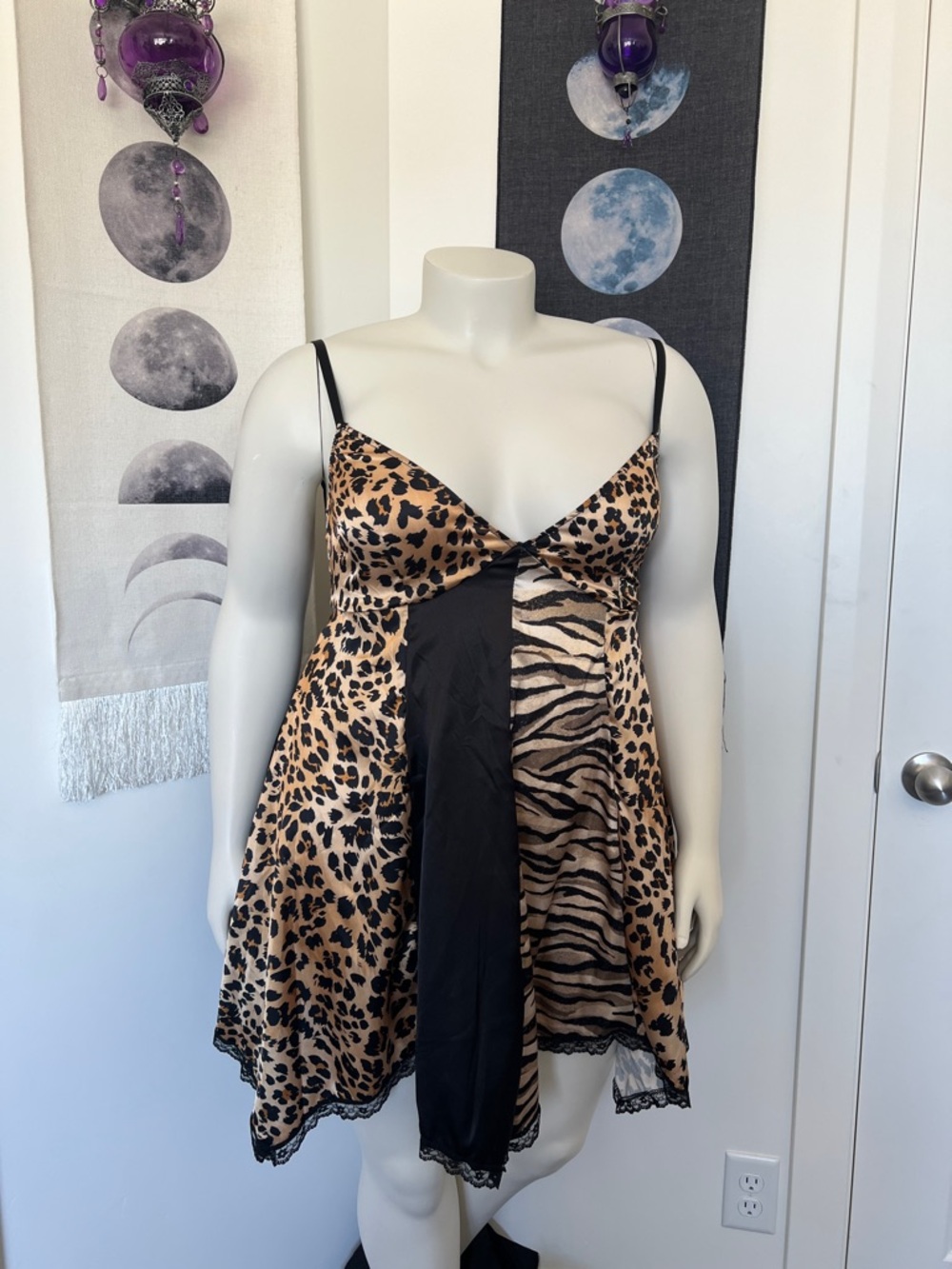Dolls Kill Current Mood Leopard Tiger Satin Chemise with Triangle Cut Lace Hem